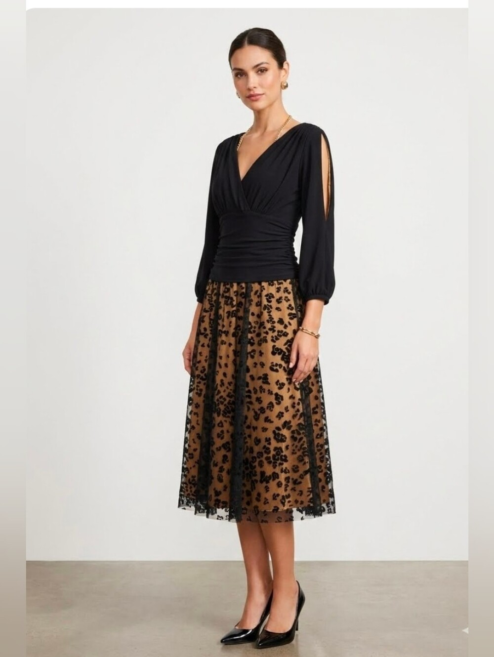 NWT Jessica Howard 8 Black Bronze Lace Animal Print Zip Opened Sleev Midi Dress